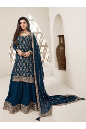 Jacquard chinon sharara suit in Teal blue colour 66213